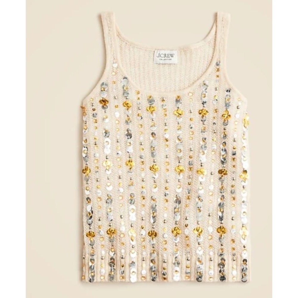 J Crew Collection Cream Knit Tank Sequins Gold‎ Silver Sparkle Top M